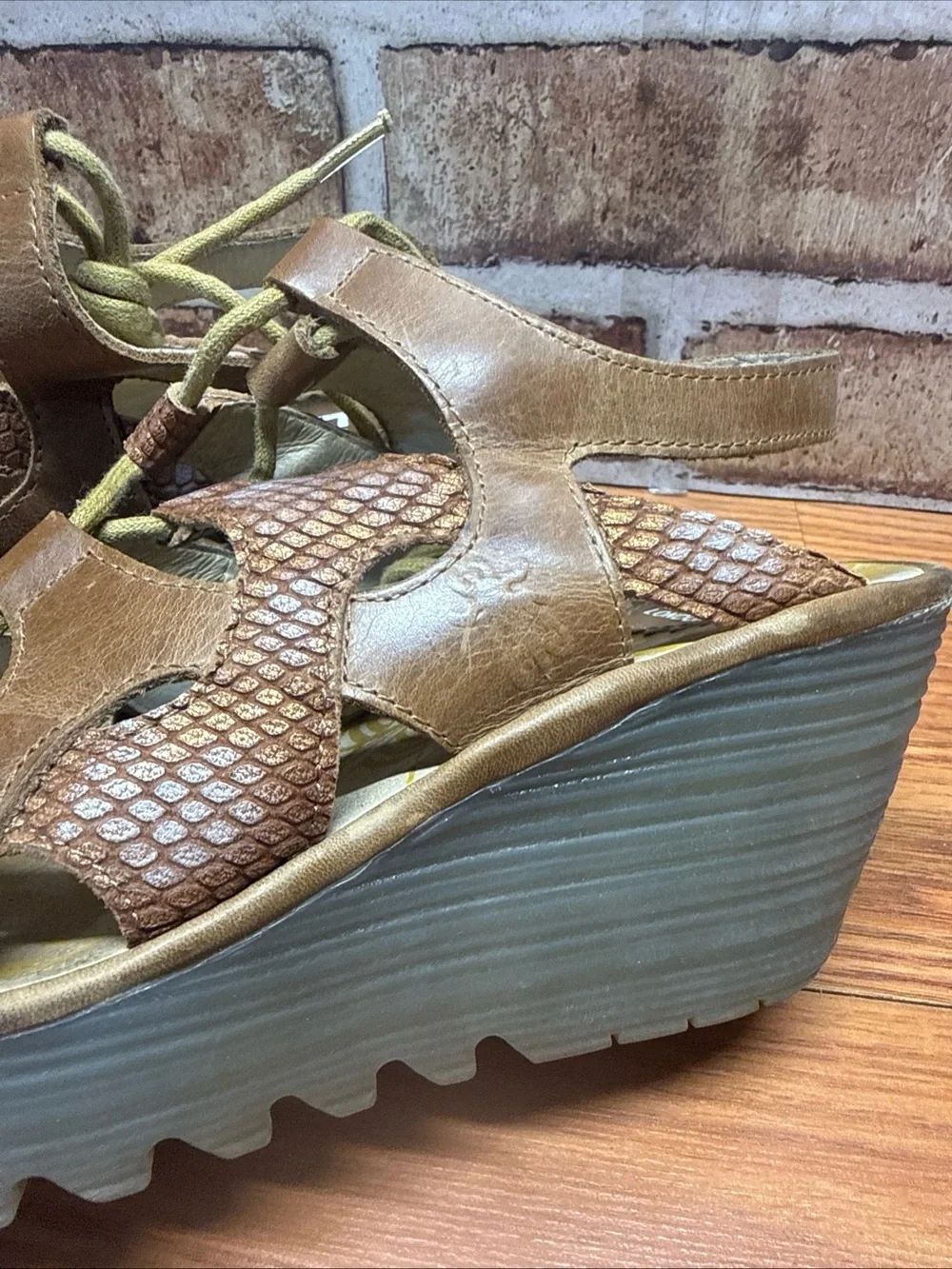 Fly London Yexa Tan Metallic Lace Up Wedge Sandals Size 39 (US 8)